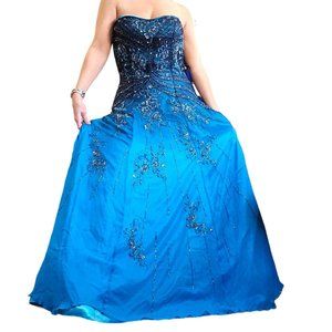 Y2K Tiffany Designs 12 Silk Blue Beaded Strapless Formal Gown‎ Princess Prom